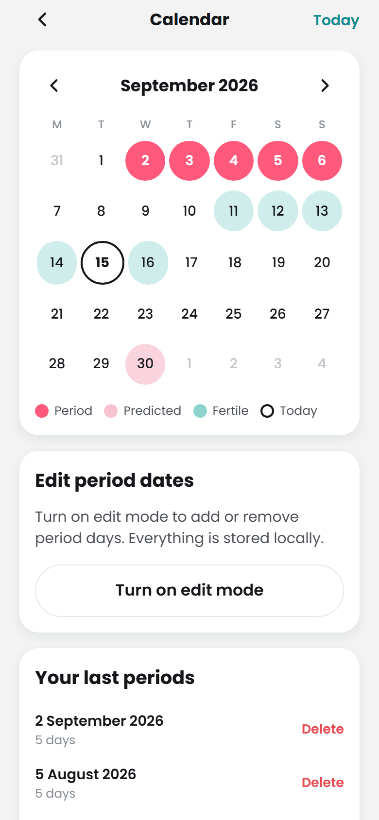 Kalender med perioder og forventede dage